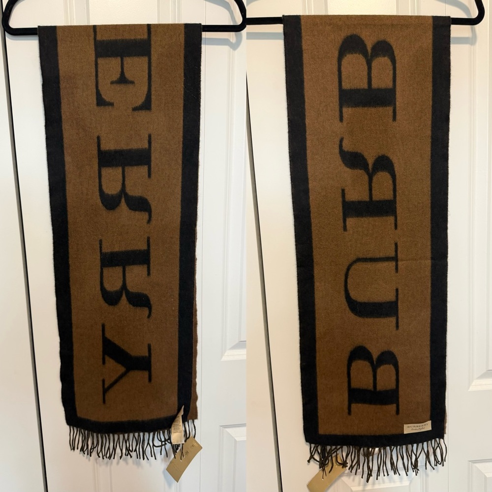 NWT Burberry Logo Cashmere Black and Brown Scarf - Picture 5 of 11